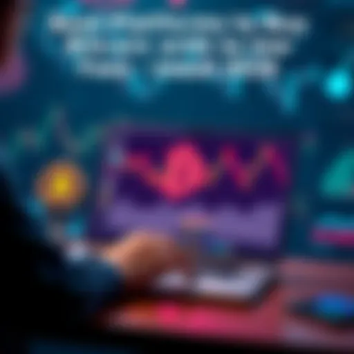 A person using a laptop to buy Bitcoin on an online platform, with graphs and security symbols in the background.