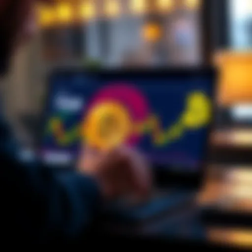 A person purchasing Bitcoin on a laptop with a digital wallet and Bitcoin logo in the background.