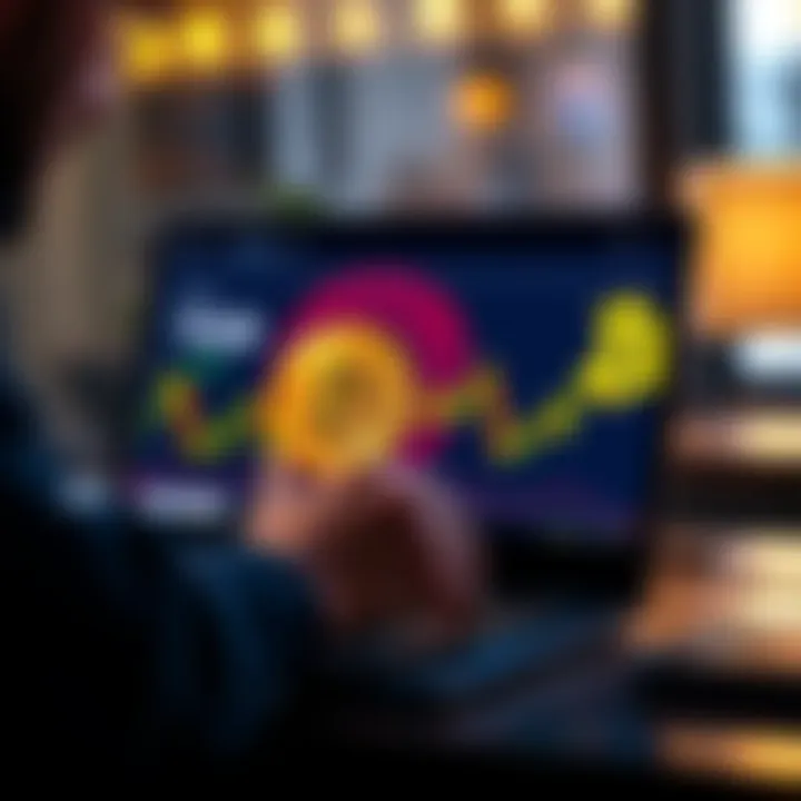 A person purchasing Bitcoin on a laptop with a digital wallet and Bitcoin logo in the background.