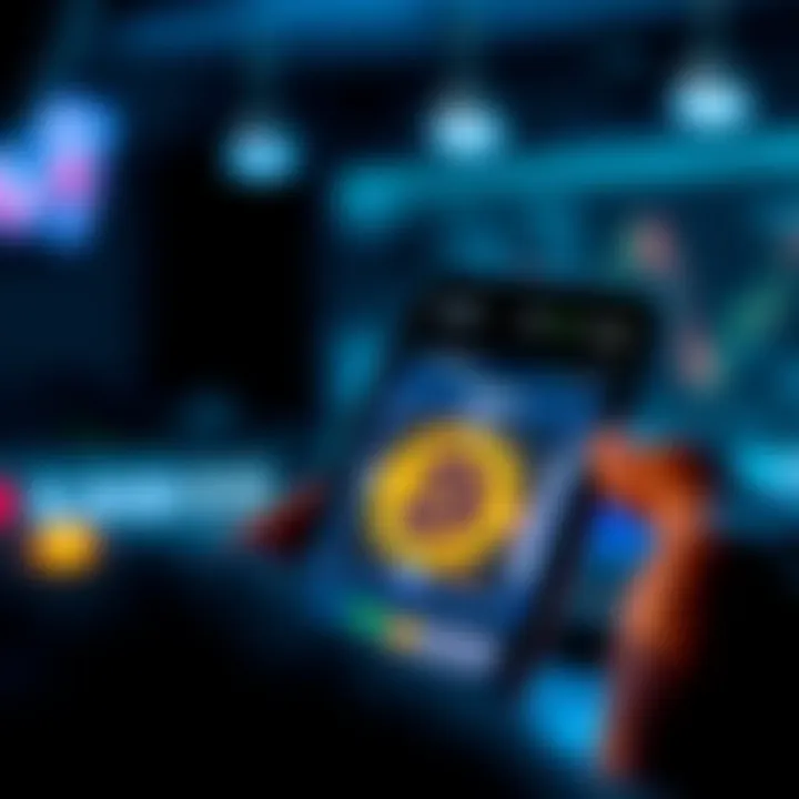 A person using a smartphone to buy Bitcoin, showing a digital wallet and Bitcoin logo on the screen