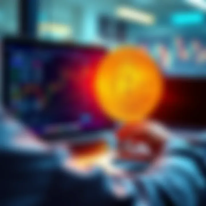 A person researching brokers for buying Bitcoin on a laptop, with charts and graphs on the screen