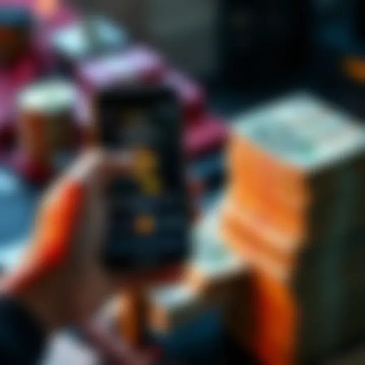 A person holding a smartphone displaying a Bitcoin app while looking at a stack of cash, symbolizing the process of purchasing Bitcoin with a large sum of money.