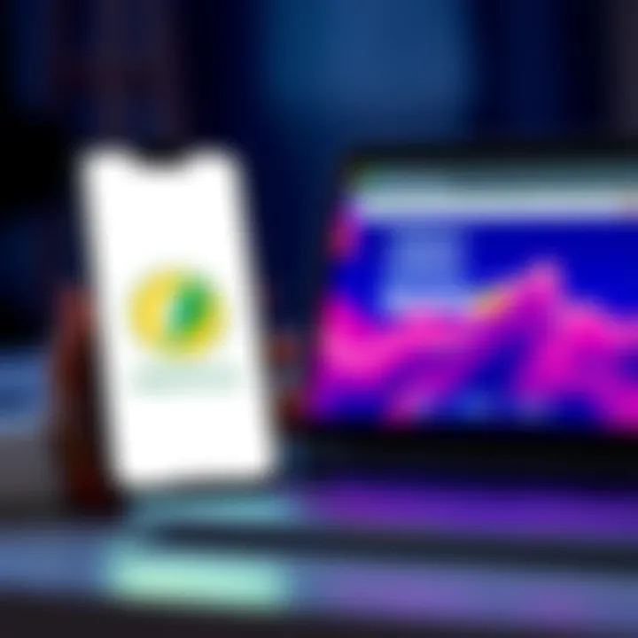 A comparison of buying Bitcoin on Robinhood and Coinbase, featuring a smartphone displaying the Robinhood app and a laptop showing the Coinbase website.