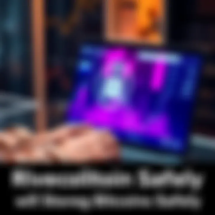 A person using a laptop to purchase bitcoins on a secure platform, with a wallet and a lock symbol on the screen.