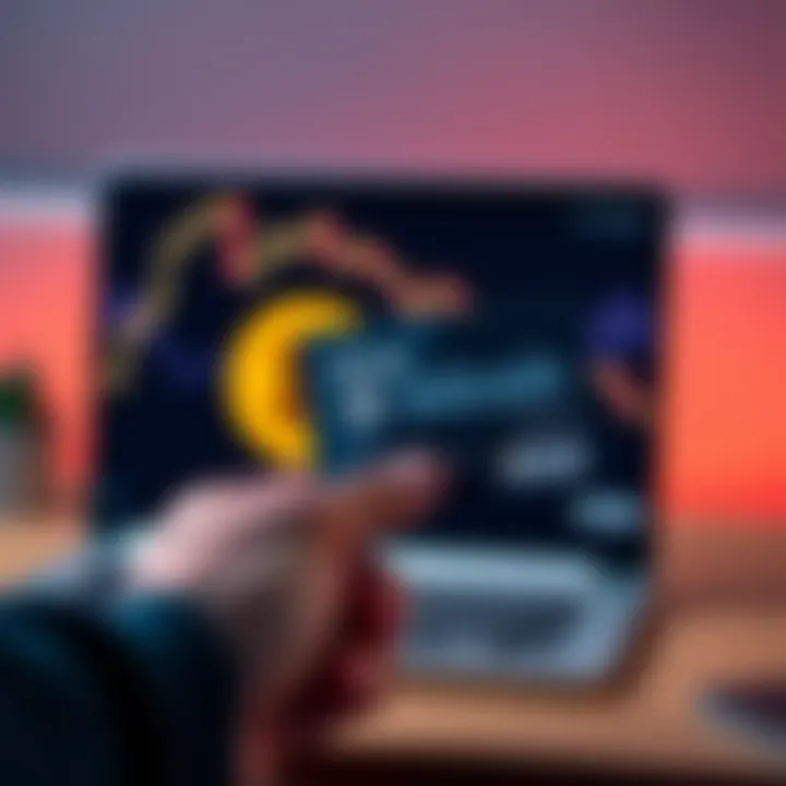 A person holding a Visa gift card with a Bitcoin symbol on a laptop screen in the background