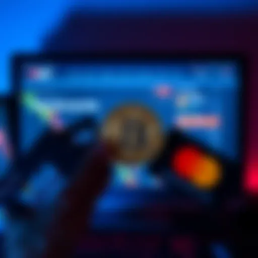 Buying Bitcoin with Gift Cards A person holding a Bitcoin symbol alongside Visa and Mastercard gift cards in front of a computer screen showing a cryptocurrency exchange website