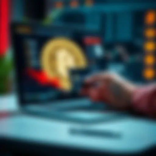 A person purchasing cryptocurrency using a debit or credit card on a laptop, showing a digital currency symbol on screen.