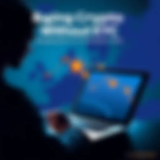 A person using a laptop to buy cryptocurrency through a peer-to-peer platform without KYC, with a map of Europe in the background.