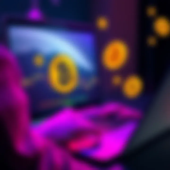 Person using a laptop to buy discounted Bitcoin online with a digital wallet open and Bitcoin symbols visible.