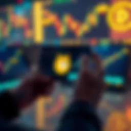 A person holding a smartphone displaying a Dogecoin logo with cryptocurrency charts in the background