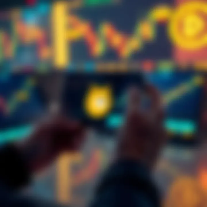 A person holding a smartphone displaying a Dogecoin logo with cryptocurrency charts in the background