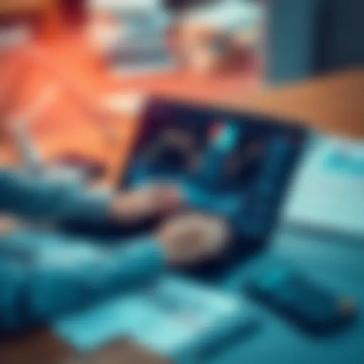 A person analyzing investment charts and trends with a laptop, surrounded by financial documents and a calculator.