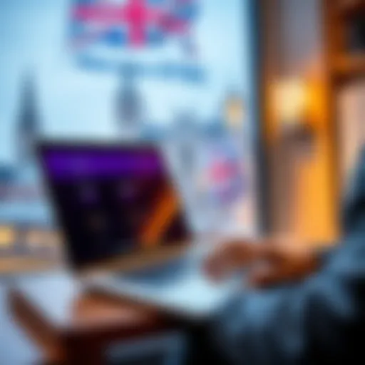A person using a laptop to purchase STRC cryptocurrency on a user-friendly platform, with a welcoming UK-themed background.