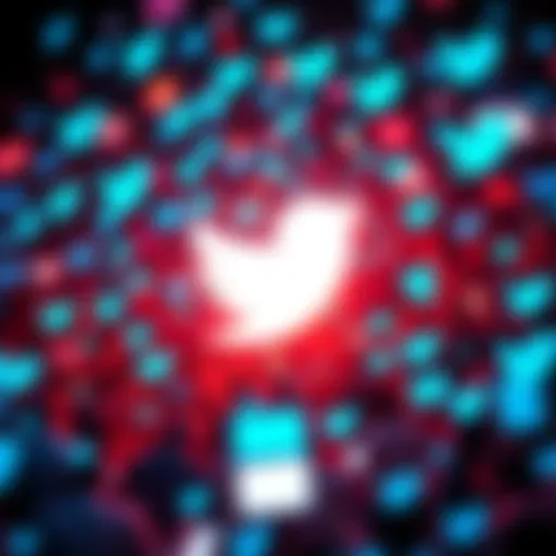 A vibrant depiction of Twitter's trending topics with animated reactions and tweets surrounding the logo.