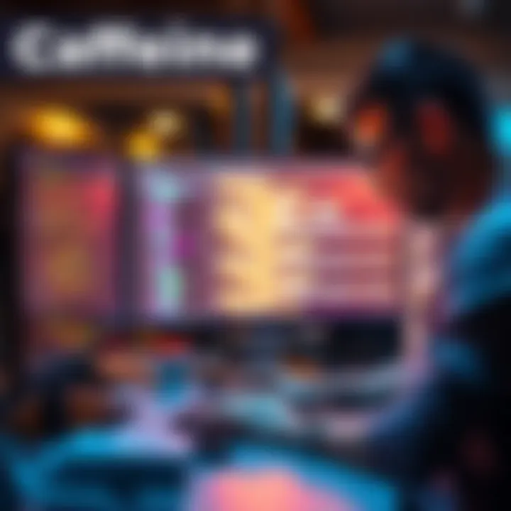 An entrepreneur using Caffeine.AI to create a blockchain app on a computer with code on the screen