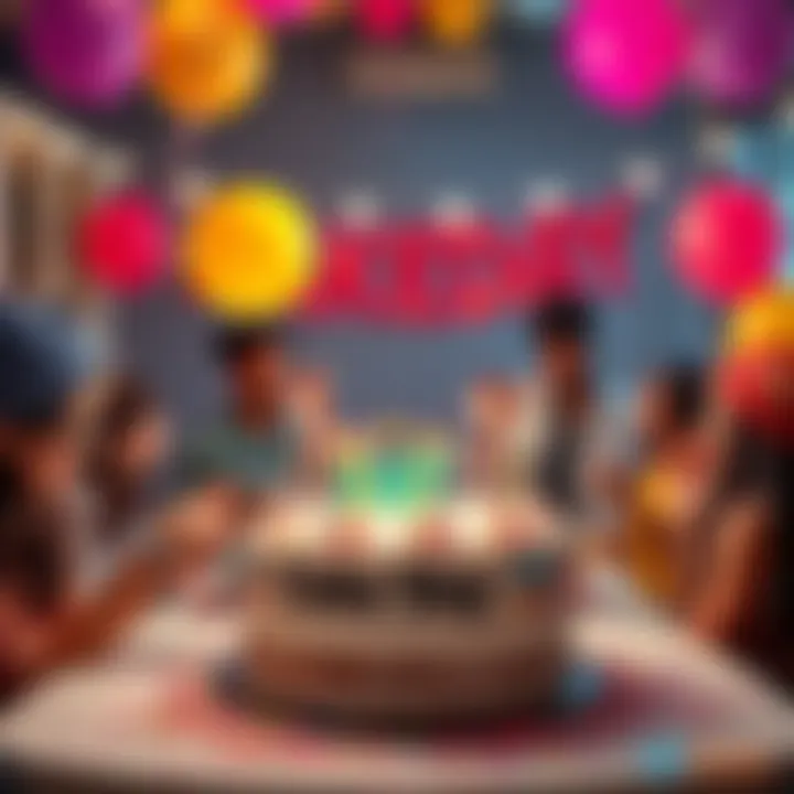 A festive gathering with people enjoying cake, balloons, and decorations, celebrating friendship on Cake Day.