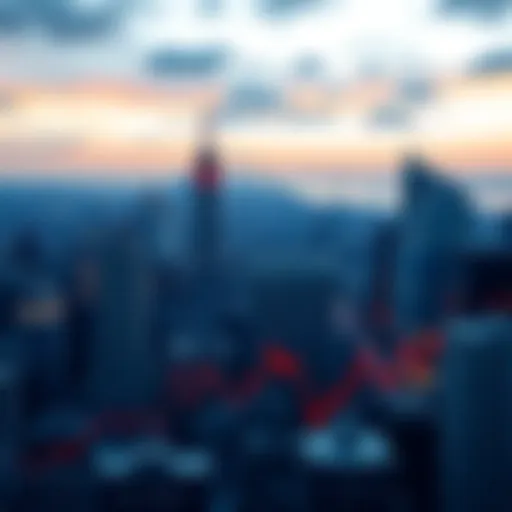 A city skyline with stock market graphs in the foreground showing stability despite rising debt levels.