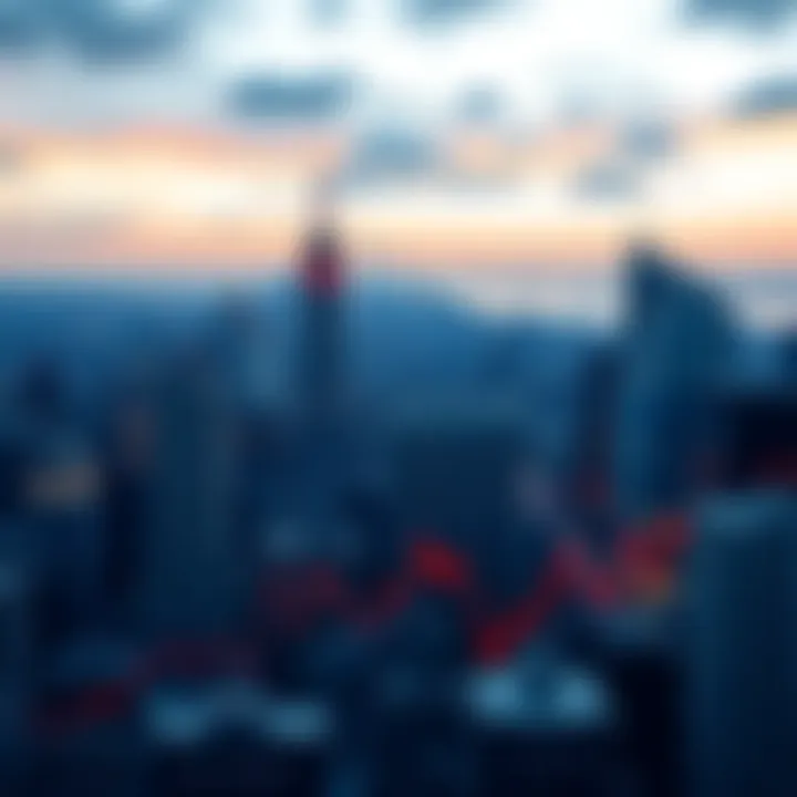 A city skyline with stock market graphs in the foreground showing stability despite rising debt levels.