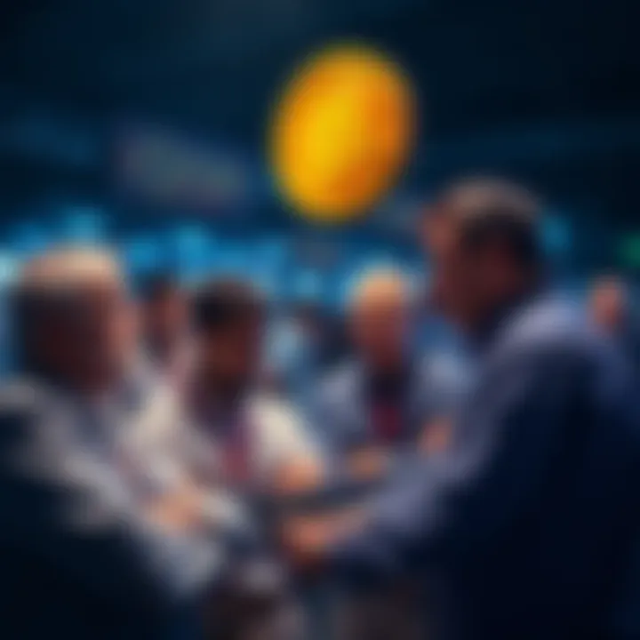 Calm Bitcoin Holders An image showing relaxed Bitcoin holders discussing market trends while a group of anxious investors look worried in the background.