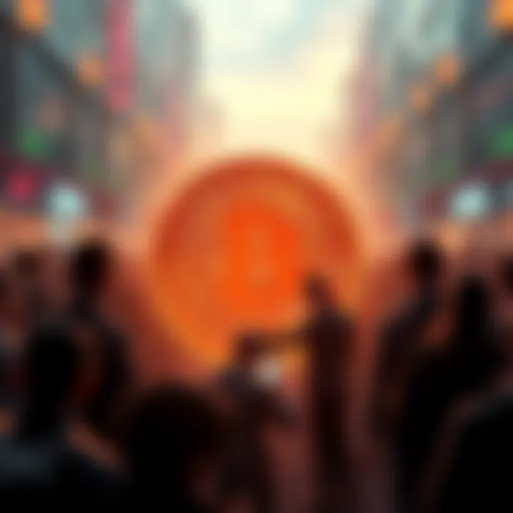 A digital coin symbol surrounded by people quietly discussing its value, conveying a sense of calmness and excitement without extreme hype.