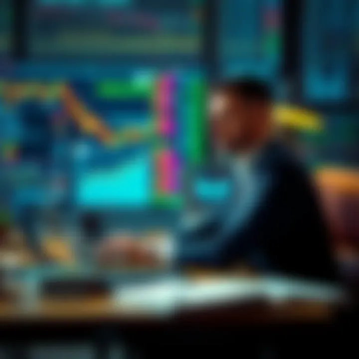 An investor sits calmly at a desk, analyzing market trends on a laptop, surrounded by stock charts and financial books, symbolizing confidence during market liquidation.