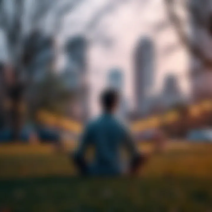 A person meditating in a serene park while city life buzzes around them, symbolizing balance and mental well-being.