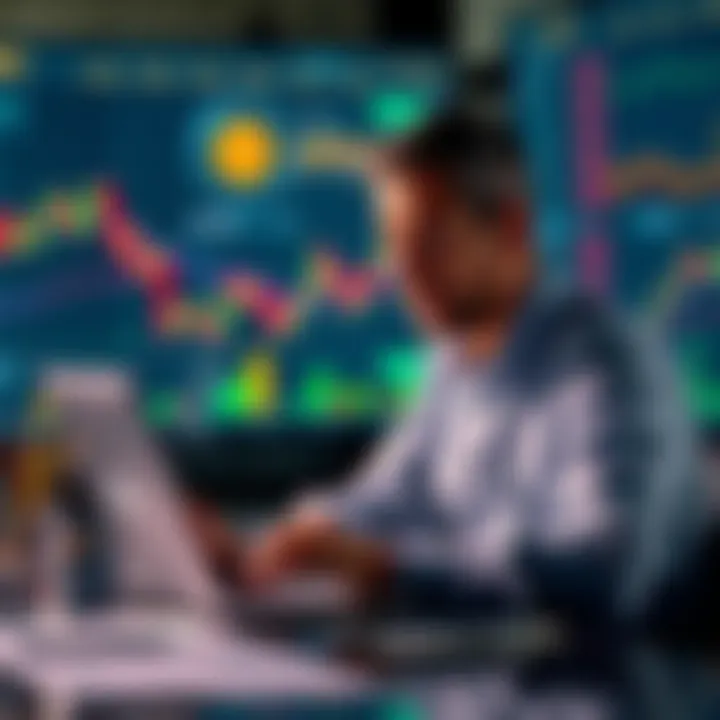 Calm Investor Analyzing Bitcoin Trends An experienced investor calmly examines Bitcoin market trends on a laptop, surrounded by charts and graphs showing price fluctuations.