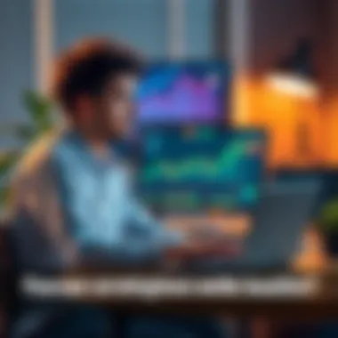 Calm Investor Reviewing Market Charts An investor sitting at a desk calmly analyzing market charts on a laptop, with a plant in the background to represent a peaceful workspace.