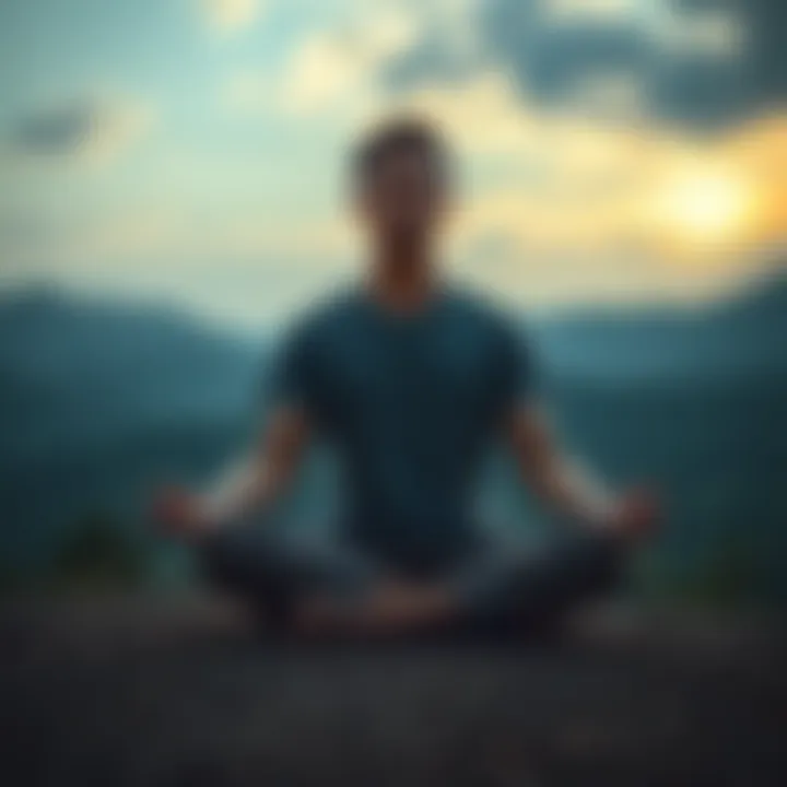 A serene person sitting cross-legged, practicing meditation in a peaceful outdoor setting