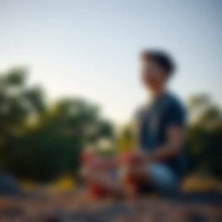 A calm person meditating outdoors surrounded by trees and a clear sky, promoting peace and composure.