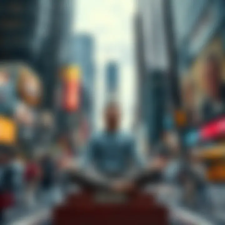 A serene person meditating in a busy urban environment, surrounded by skyscrapers and people rushing by.