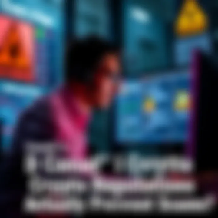 A person examining cryptocurrency options on a computer with warning signs about scams in the background.