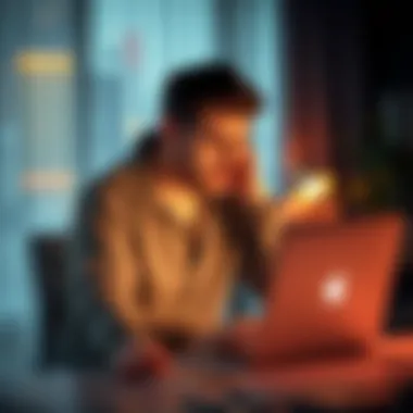 Canadian man scammed in crypto scheme A distressed Canadian man sitting at a desk with a laptop, looking frustrated after being scammed on a dating app.