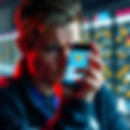 A frustrated person looking at a smartphone displaying the Kucoin login screen, symbolizing login issues and regulatory challenges in the US.