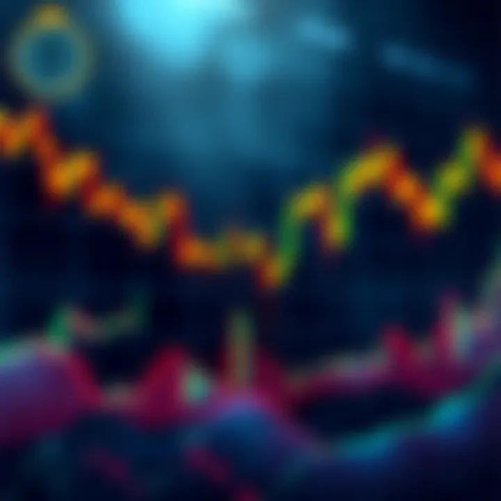 A graphic showing sharp price spikes and drops representing cryptocurrency price swings over time, with candles illustrating the volatility in trading charts.