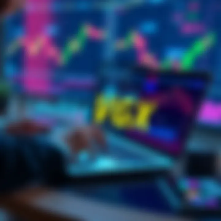 A person calculating financial losses from VGX cryptocurrency on a laptop with charts and graphs in the background.