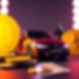 A car placed next to symbols of cryptocurrency like Bitcoin and Ethereum, with cash notes around them