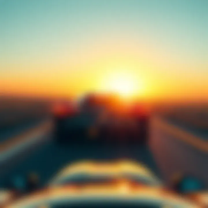 A vibrant car driving towards a bright horizon, representing the journey to financial freedom with the $POWSCHE token.