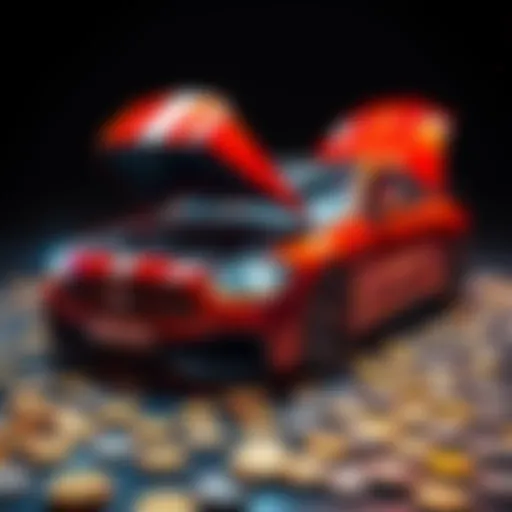 A flashy car with the hood open showing a broken engine, surrounded by shiny cryptocurrency coins, symbolizing risky investments in crypto presales.