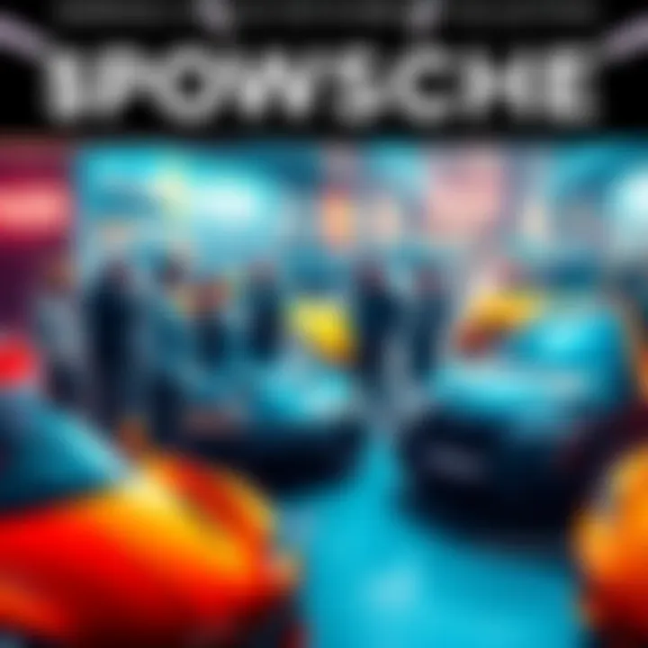 Car culture meets blockchain A diverse group of car enthusiasts discussing and connecting over vehicles and cryptocurrency, surrounded by cars and digital elements