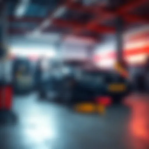 A mechanic inspecting a car in a garage with tools and equipment nearby