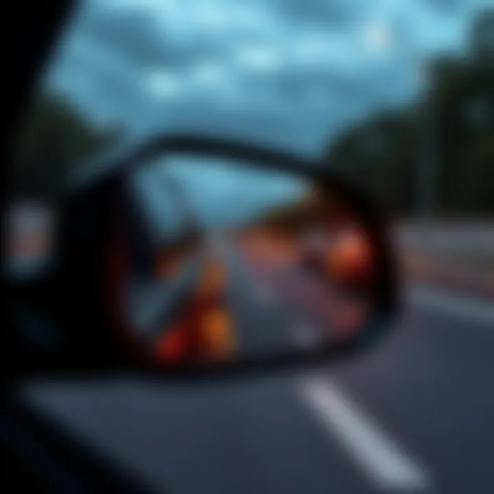 A car's side mirror reflecting a road scene, illustrating the optical illusion of distance perception.