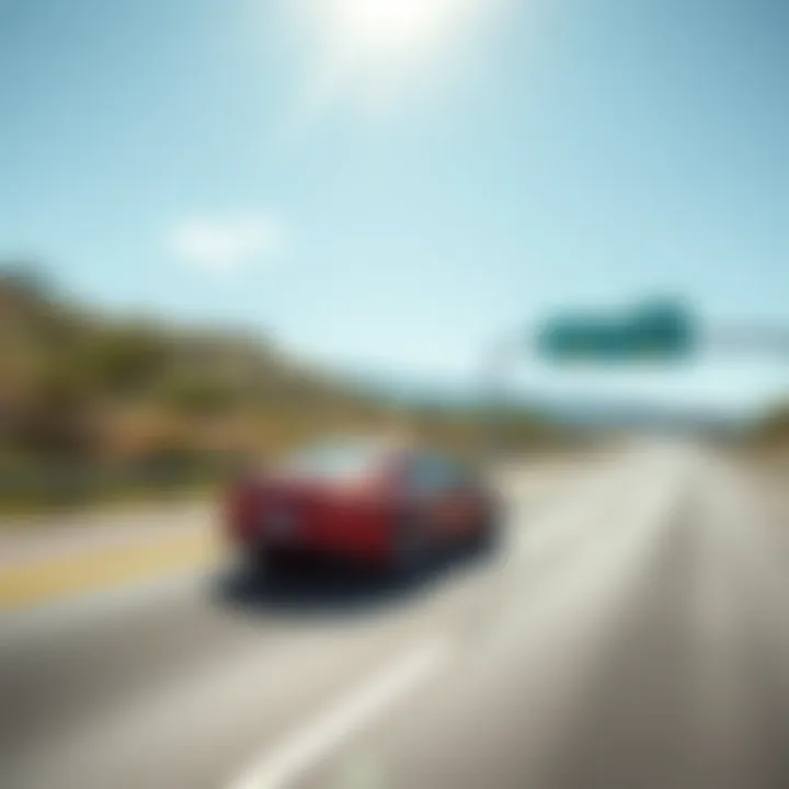 A car driving on a highway during a sunny day with clear skies, symbolizing a good day for driving.