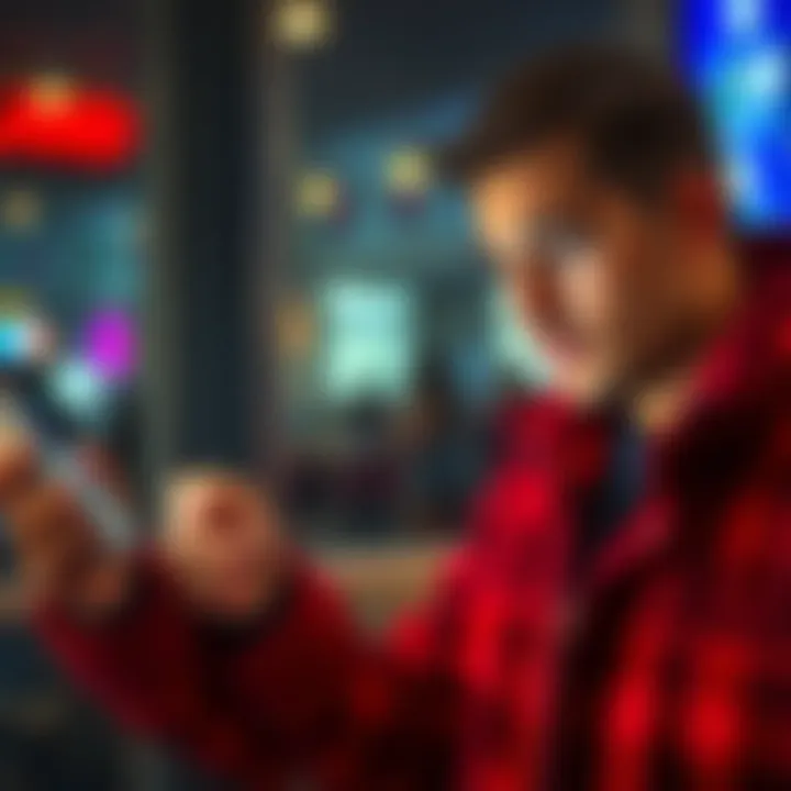 A person using a phone app to order a new card, looking focused and determined.