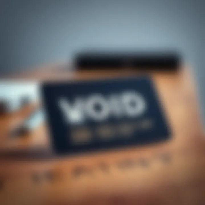 A close-up of a credit card displaying the word 'VOID' prominently, resting on a wooden table surface