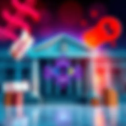 Visual representation of Cardano (ADA) logo with a backdrop of traditional banking symbols like a bank building and currency notes, illustrating its potential impact on the banking sector