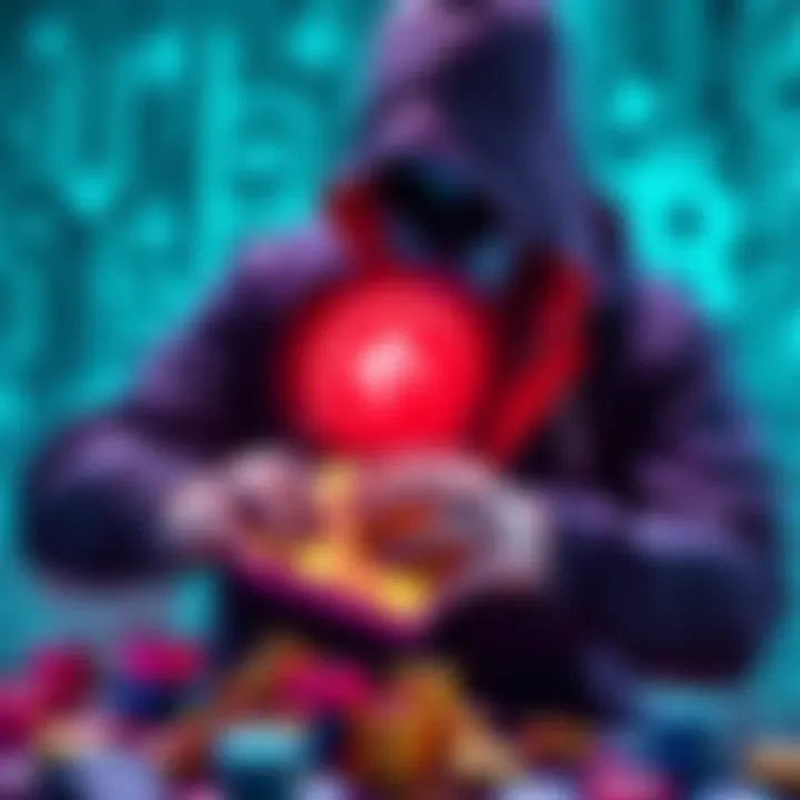 A visual representation of a hacker stealing digital assets from a Cardano DeFi project, with a background of cryptocurrency symbols.