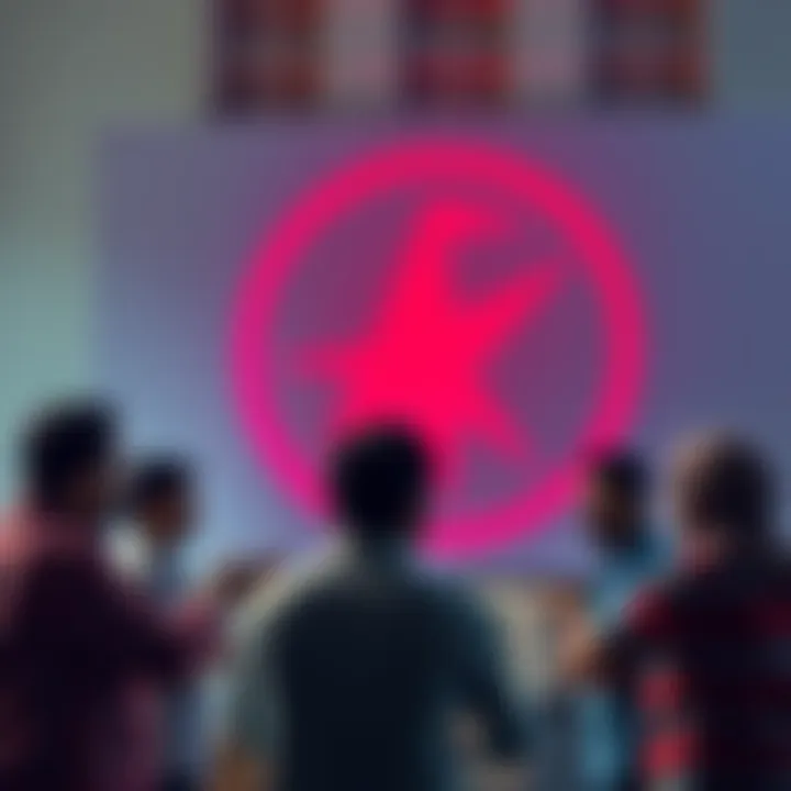 A group of Cuban entrepreneurs discussing plans with a Cardano logo in the background, symbolizing economic growth and innovation.