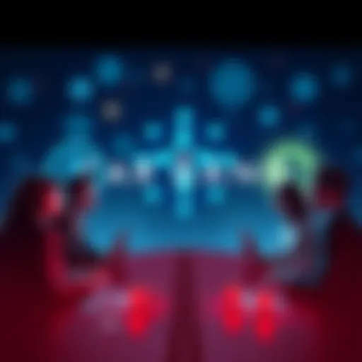 Cardano Governance Issues A visual representation of Cardano's challenges with governance, showing a group of people discussing and debating, with a backdrop of digital currency symbols.