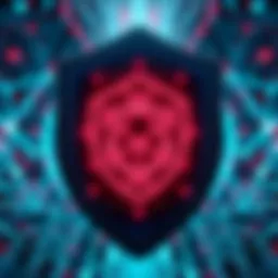 A digital shield symbolizing Cardano's robust security measures against network threats, featuring a backdrop of blockchain technology elements.